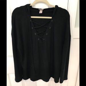 Black Lace Up Long Sleeve Sweater